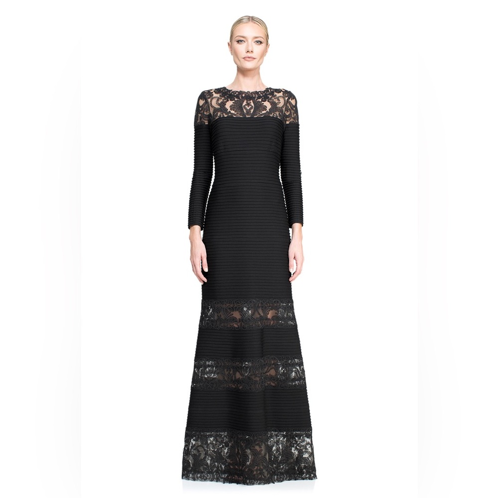 CORDED EMBROIDERY ON TULLE PINTUCK JERSEY BOATNECK GOWN -NWT
